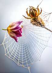 A dried flower petal torn and caught on the edge of a spider’s web, with the white background, spider on a web