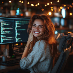 A woman with long red hair is smiling at the camera while sitting in front of a computer. She is wearing a gray sweater and is sitting in front of two computer monitors