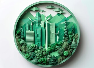 Illustration of a sustainable city with green energy and nature integration