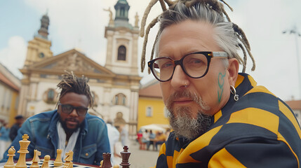 Poster - Charismatic senior man with an earring playing chess with friends in a bustling town square at twilight 