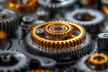 Aufkleber - Golden gears rotating in a complex mechanism