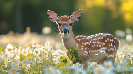 Young white-tailed deer fawn eating green leaf in a field of flowers