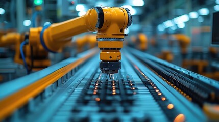 Fototapete - Industrial robot arm working on conveyor belt in factory
