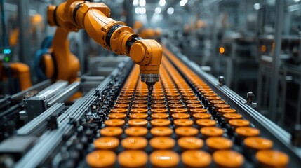 Fototapete - Industrial robot arm working on conveyor belt in factory