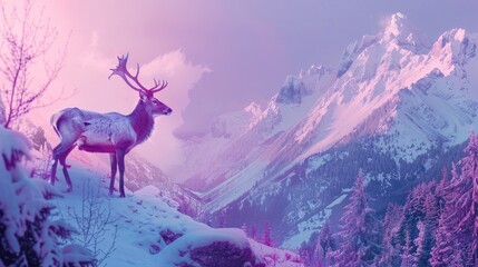 Poster - Deer observing snow avalanche in mountain landscape