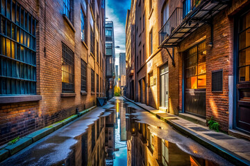 A narrow alleyway with a brick building on the left and a brick building on the right. The alleyway is wet and has a reflection of the buildings in the water