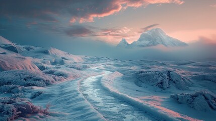 Poster - Solitary icy pathway meandering through a frosty mountain terrain on a chilly winter s day