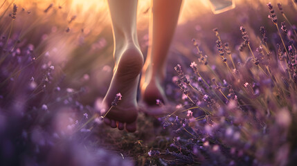 Wall Mural - close-up of barefoot woman strolling through a lavender field. purple floral background. golden hour