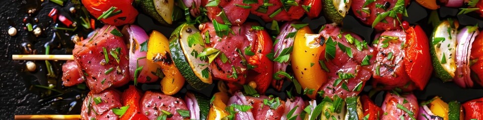 Poster - Skewered raw meat and vegetable pieces marinated in herbs