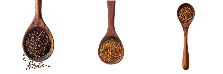 set of a wooden spoon filled with mustard seeds isolated on transparent background (2)