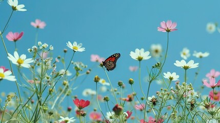 Poster -   A blue sky surrounds a butterfly perched on a daisy in a field full of daisies