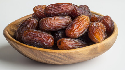 Wall Mural - Dried dates, a popular fruit during Ramadan, are displayed in a wooden bowl on a white surface.