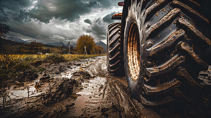 Wall Mural - Close-up of tractor tires in a muddy field with a storm brewing on the horizon 