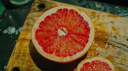 Poster -   A grapefruit cut in half on a cutting board beside another grapefruit cut in half on a cutting board