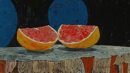 Poster -   A painting of a halved grapefruit on wood with blue circle backdrop