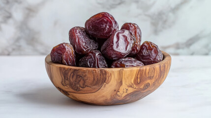 Wall Mural - Dried dates, a popular fruit during Ramadan, are displayed in a wooden bowl on a white surface.