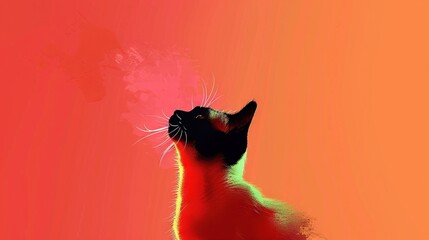 Wall Mural -   A cat with black and white fur looks upward at a reddish-orange backdrop with rising smoke from its maw