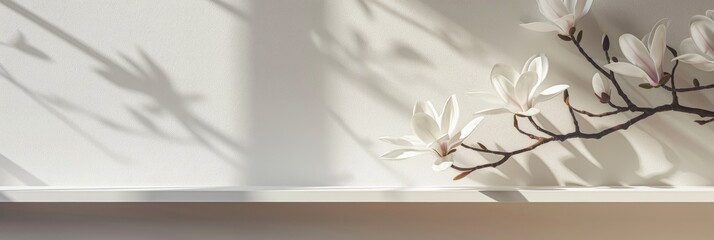 Sticker - Mockup of a white empty shelf with natural light window shadows and a border of fresh magnolia