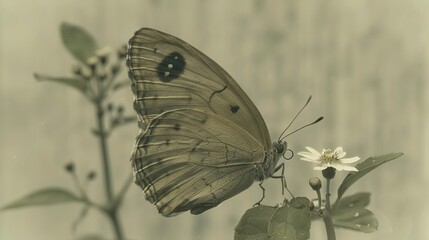 Sticker -   A close-up of a butterfly perched on a plant with a wall in the backdrop and a white flower in the foreground