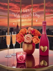 luxurious and romantic 3D glossy, celebration Valentine's day with with two champagne glasses illustration 