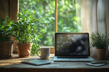 A person working on a laptop at home with a clean and modern setup, highlighting the remote work environment with bright natural lighting.