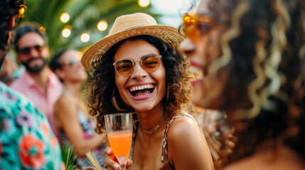 Wall Mural - Portrait of a happy African American woman having fun at a summer party. Young woman enjoying an outdoor holiday at sunset. Holiday, party concept.