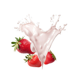 A milk or yogurt splash with strawberries, Isolated on transparent PNG background, Generative ai