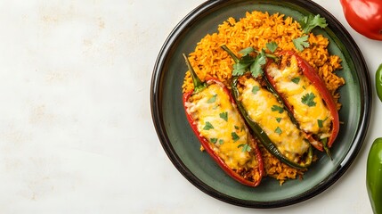 Wall Mural - A realistic top view of a traditional Mexican chiles rellenos with cheese-stuffed peppers and a side of Mexican rice, set against a white background