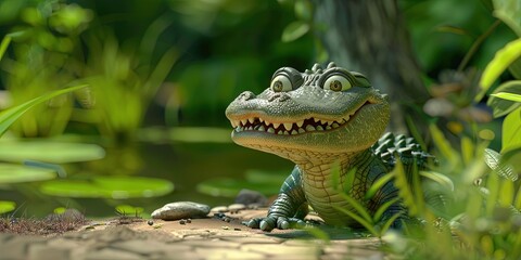 alligator 3D animation cartoon style, colorful, happy, friendly, 3d cartoon, nature, outdoors 