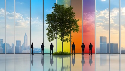 Wall Mural - Business people standing in front of large windows with colorful gradient light