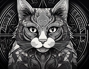 Wall Mural - A stylized black and white illustration of a cat with intricate geometric patterns in the background