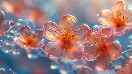 Wall Mural - Delicate Blossom With Dew Drops Glimmering Under Soft Morning Light in a Serene Garden