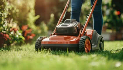 man mows grass with lawn acid