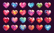 © ksania - Crystals in heart shape set. Cute pink, red, blue hearts for Valentine day, vector love symbol
