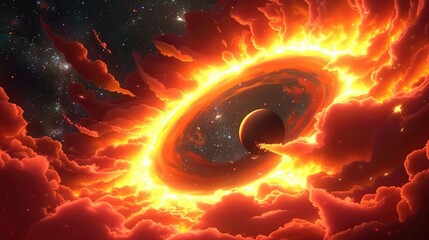 Poster -   A painting of a black hole in the sky, encircled by clouds and featuring a vibrant orange ring at its center