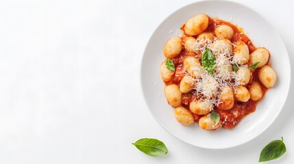 Wall Mural - A realistic top view of a plate of Italian gnocchi with a rich tomato basil sauce and grated Parmesan, set against a white background, Italian food