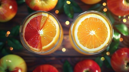 Poster -   Two halves of a grapefruit and an apple are positioned against an orange and apple backdrop