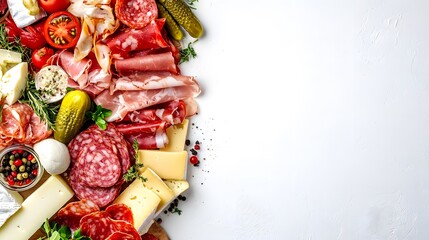 Wall Mural - A realistic top view of a classic Italian antipasto platter with cured meats, cheeses, olives, and marinated vegetables, set on a white background, Italian food