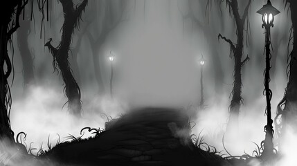   A monochrome image of a forest trail shrouded in mist, featuring a lamppost at its center