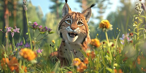 lynx 3D animation cartoon style, colorful, happy, friendly, 3d cartoon, nature, outdoors