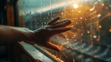 A person is looking out a window of a train, with raindrops on the glass. The person's hand is touching the window, and the scene has a melancholic and contemplative mood