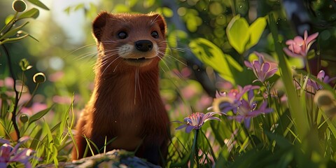 mink 3D animation cartoon style, colorful, happy, friendly, 3d cartoon, nature, outdoors 