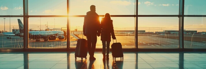 A couple with two suitcases are standing in front of an airport window