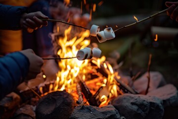 A group of friends roasting marshmallows over the fire, using sticks to make smores on a camping trip at night in the forest Generative AI