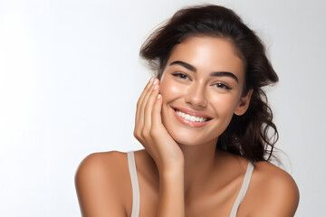 Wall Mural - portrait of a beautiful woman touching her face natural skin happy over clear background