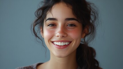 A cheerful young woman with curly brown hair and warm skin tone smiles brightly, radiating joy and positivity against a soft gray background.