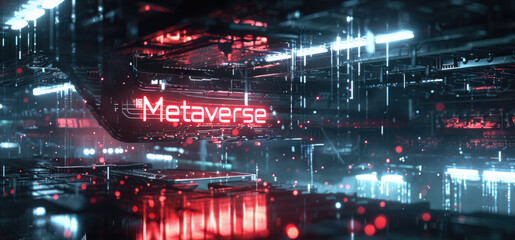 Wall Mural - Futuristic dark cyberpunk city with neon sign Metaverse, abstract digital world, lettering on rain and lights background. Concept of cyber future,, virtual reality