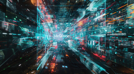 Wall Mural - Futuristic dark cyber space, sign Metaverse on data lights background, abstract digital world. Concept of technology, future, tech, virtual reality, cyberpunk city