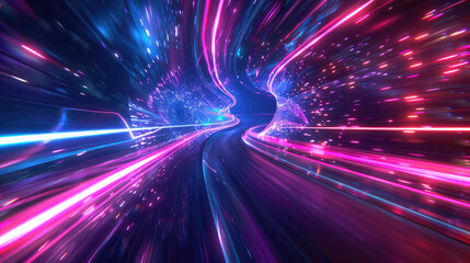 Wall Mural - Abstract multicolored curve lines in dark space, perspective fast light trails in cyberspace. Digital energy on black background. Concept of neon, fast, color, data, speed.