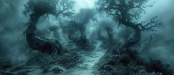 Wall Mural - Fantasy forest with spooky crooked trees, mist and path, dark magical scary woods. Cinematic view of fairy tale world. Concept of haunted nature, Halloween, movie